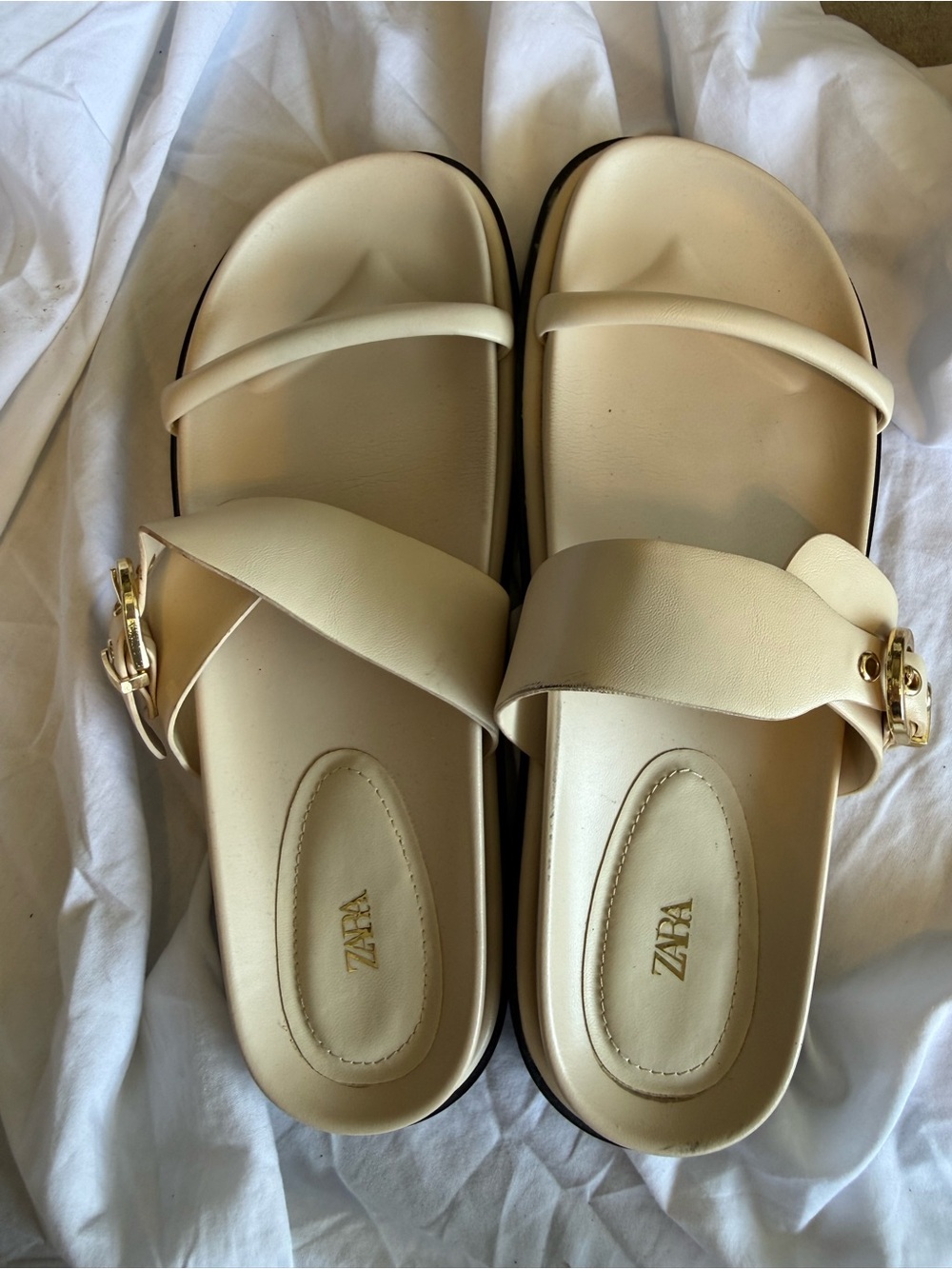 ZARA Cream Slide Sandals with Gold Buckle